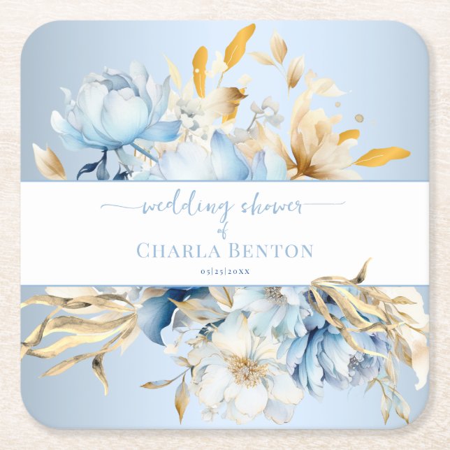 Romance Blue Floral Gold Wedding Shower Underlägg Papper Kvadrat (Framsidan)