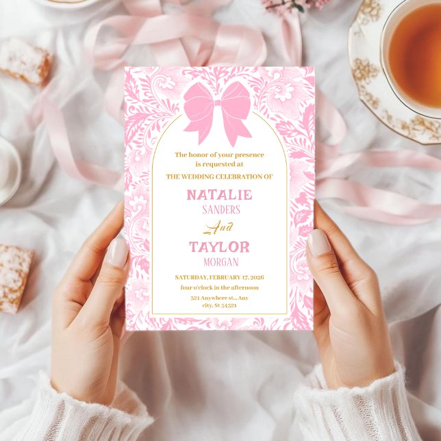 Romance Valentine’s Day Pink Bow Floral Wedding Inbjudningar (Skapare uppladdad)