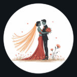 Romance Wedding Couple Sticker Runt Klistermärke<br><div class="desc">Cherish your love story with this elegant sticker of a wedding couple sharing an intimate moment,  adorned with hearts and flowers.</div>