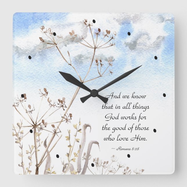 Romaner 8:28 Alla sak Gud arbetar för bran Fyrkantig Klocka (Framsida)