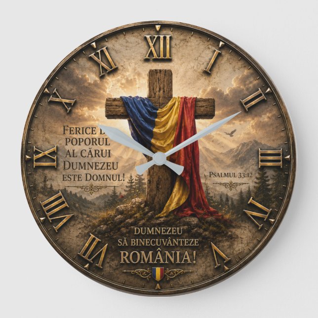  Romanian Christian Cross with Psalm 33:12 Bible  Stor Klocka (Framsida)