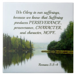 Romans 5:3-4 Vi Glory i vårt lidande Sjö Träd Kakelplatta