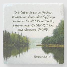 Romans 5:3-4 Vi Glory i vårt lidande Sjö Träd Stenunderlägg
