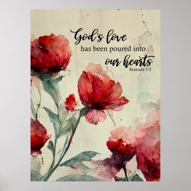 Romans 5:5 Guds Kärlek bible Verse Red Blommigt Poster (Framsidan)