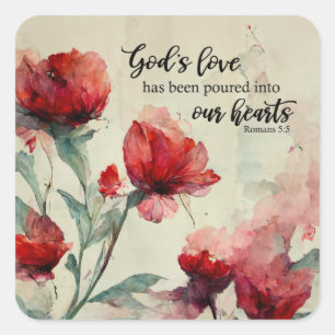 Romans 5:5 Guds Kärlek bible Verse Red Rosa Flower Fyrkantigt Klistermärke