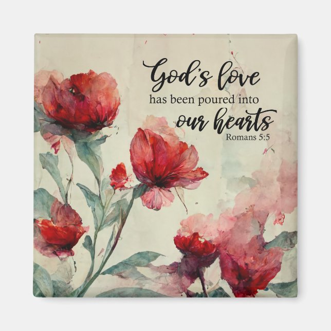 Romans 5:5 Guds Kärlek bible Verse Red Rosa Flower Magnet (Framsidan)