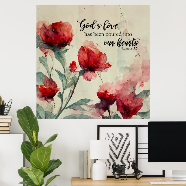 Romans 5:5 Guds Kärlek bible Verse Red Rosa Flower Poster (Hemmakontoret)