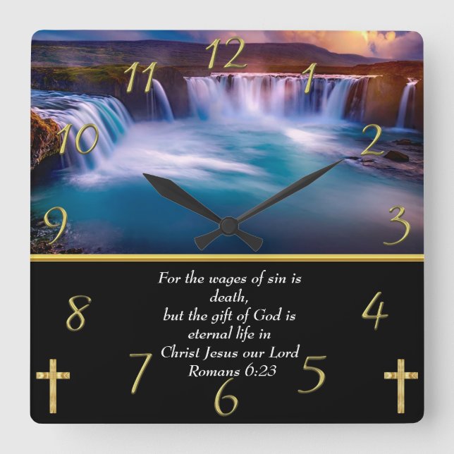 Romans 6:23 Christian Faith a water fall Fyrkantig Klocka (Framsida)