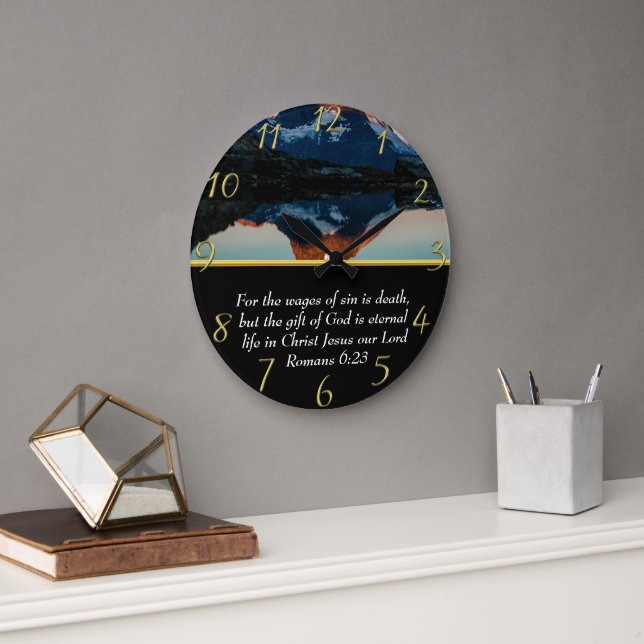 Romans 6:23 Christian Faith moutain sjö guld Stor Klocka (Kontor)