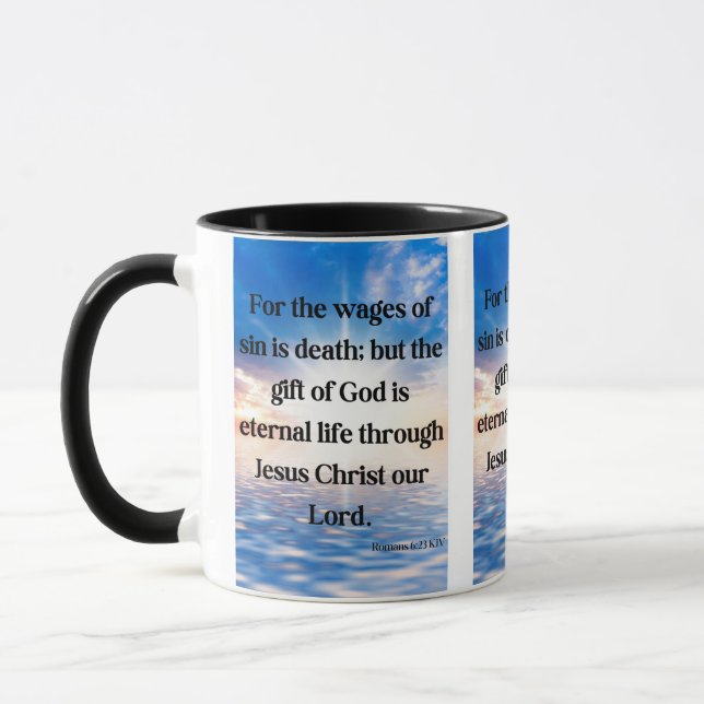 Romans 6:23 KJV Bible Verse Pic Two-Tone Mugg (Vänster)