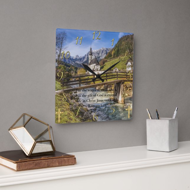 Romans 6:23 kyrka nära munnen med floden fyrkantig klocka (Kontor)