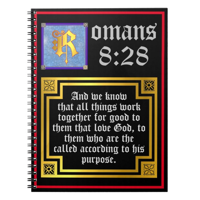 Romans 828 Guld belyst Brev KJV Bible Verse Anteckningsbok (Framsidan)