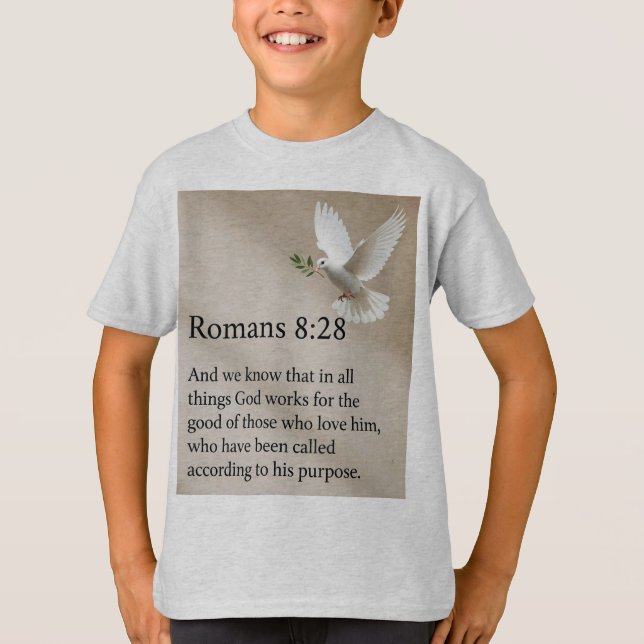 Romans 8:28 Bible Verse Kid's Tee Shirt (Framsida)