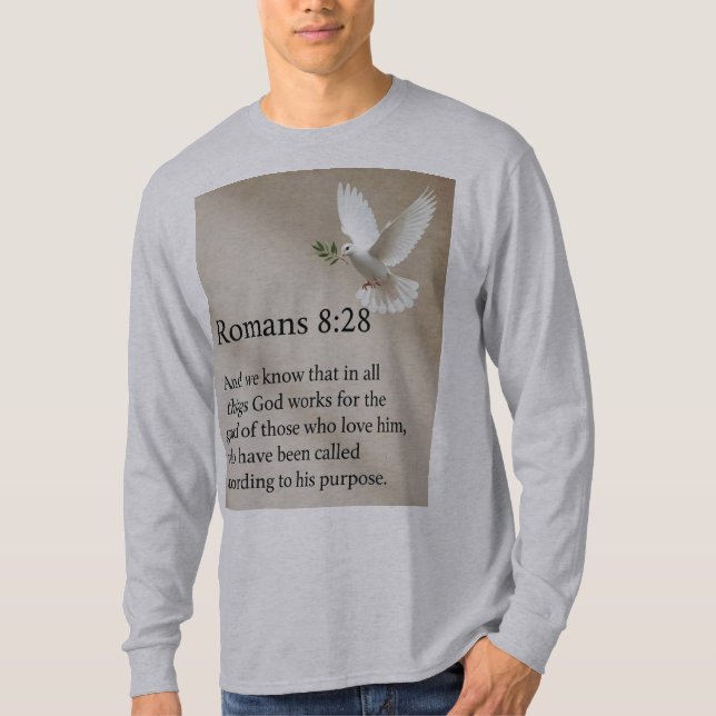 Romans 8:28 Bible Verse Mens Long Sleeve Tee Shirt (Framsida)