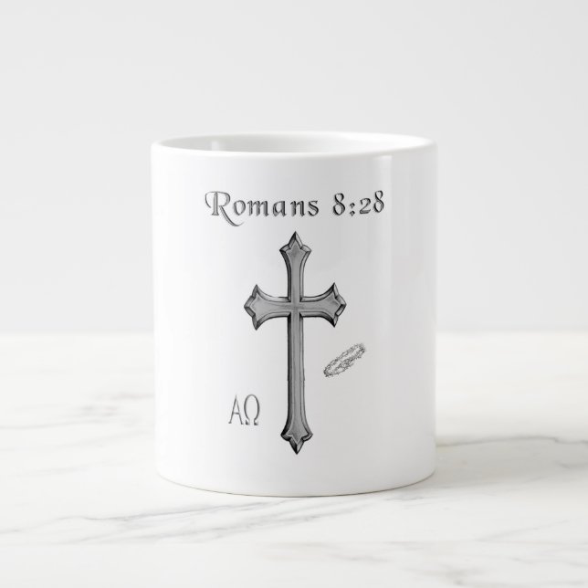 Romans 8:28 produkter jumbo mugg (Framsidan)