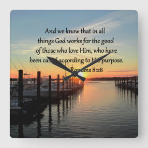 ROMANS 8:28 SUNSET FOTO DESIGN FYRKANTIG KLOCKA