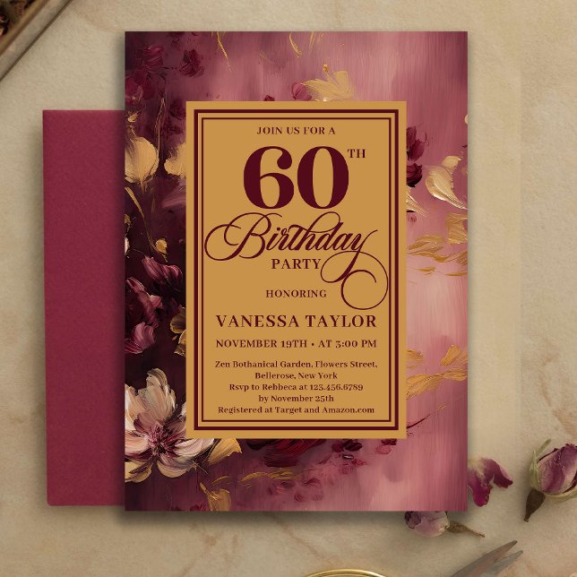 Romantic 60th Birthday Burgundy Floral Gold Invite Inbjudningar (Romantic 60th Birthday Burgundy Floral Gold Invitation)