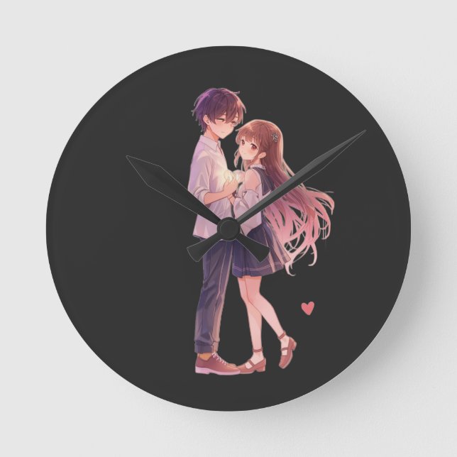 Romantic Anime Couple - Cute Aesthetic Lovers Art  Rund Klocka (Framsida)