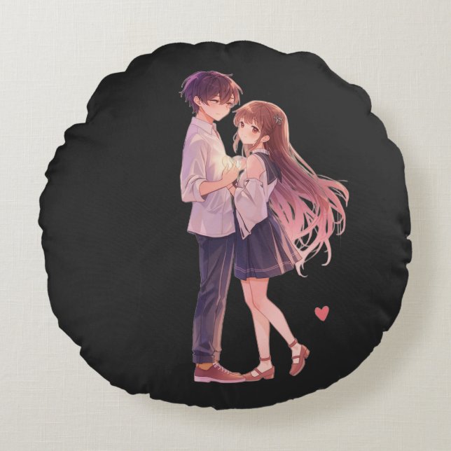 Romantic Anime Couple - Cute Aesthetic Lovers Art  Rund Kudde (Framsidan)