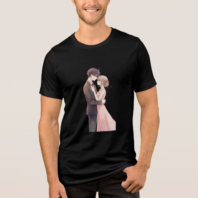 Romantic Anime Couple Embrace T-Shirt (Framsida)