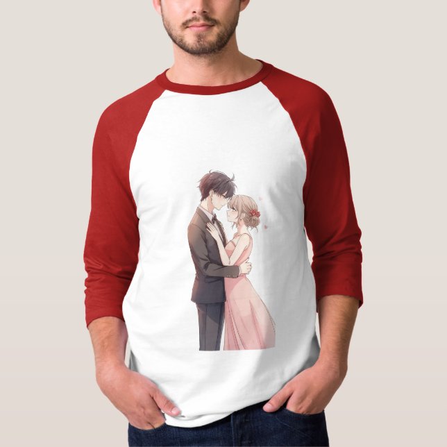 Romantic Anime Couple Embrace T-Shirt (Framsida)