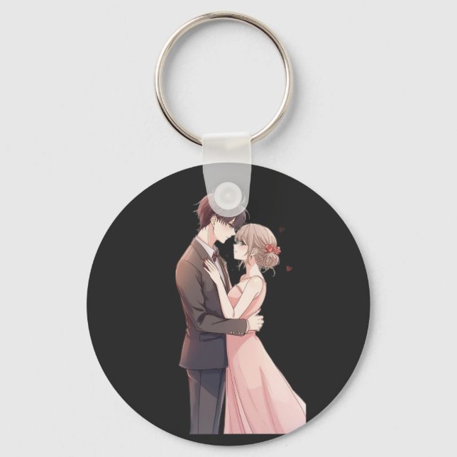 Romantic Anime Couple Embrace T-Shirt Nyckelring (Framsida)
