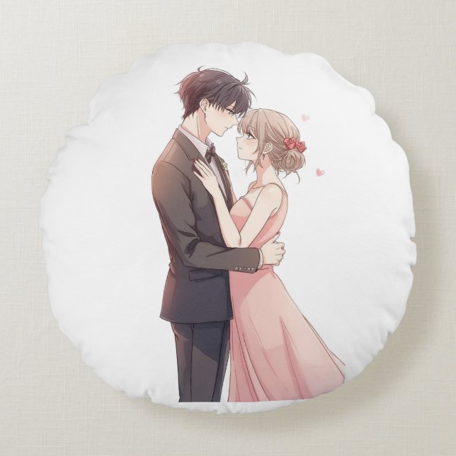 Romantic Anime Couple Embrace T-Shirt Rund Kudde (Framsidan)