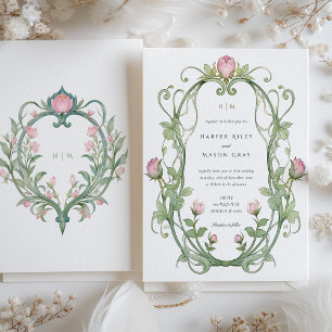 Romantic Art nouveau Peonies Bröllop Inbjudningar