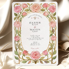 Romantic Art nouveau Rosa ros Bröllop Inbjudningar