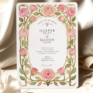 Romantic Art nouveau Rosa ros Bröllop Inbjudningar
