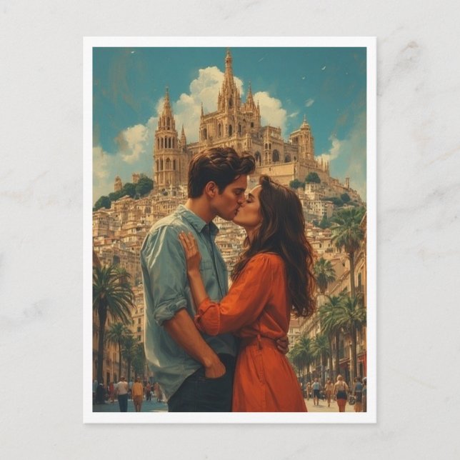 Romantic Barcelona Couple Kissing Vykort (Framsida)