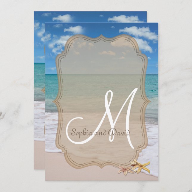 Romantic Beach Starfish Bröllop Monogram Inbjudan (Fram/baksida)