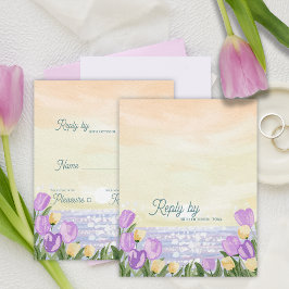 Romantic Beach Sunset Purple Florals Wedding Reply OSA Kort