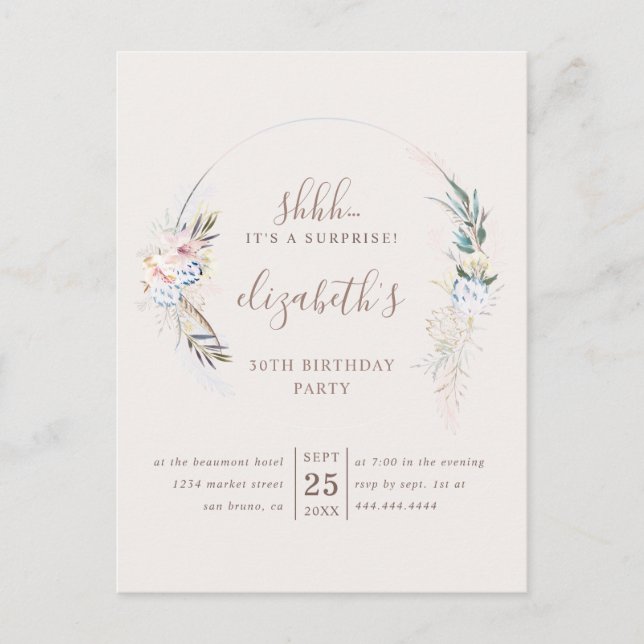 Romantic Beige Blommar Watercolor Surprise Party Inbjudan Vykort (Framsida)