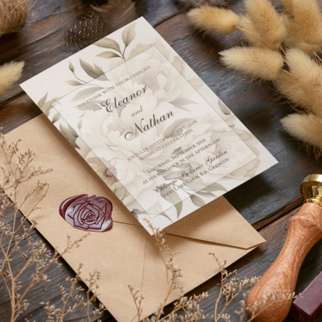 Romantic Beige Peonies Blommigt Vintage  Fall Wedd Inbjudningar (Skapare uppladdad)