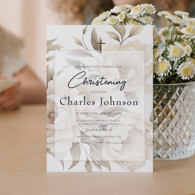 Romantic Beige Peonies Blommigt Vintage Son Baptis Inbjudningar (Skapare uppladdad)