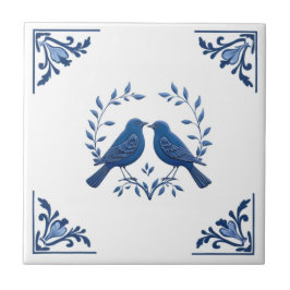 Romantic Bird Pair Delft Blue White Blommigt Corne Kakelplatta