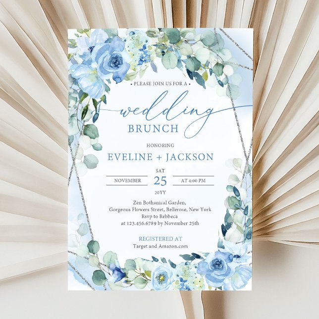 Romantic blåa blommor & eucalyptus bröllop brunch inbjudningar (modern watercolor blue flowers mixed eucalyptus greenery and siver frame wedding brunch invitation )