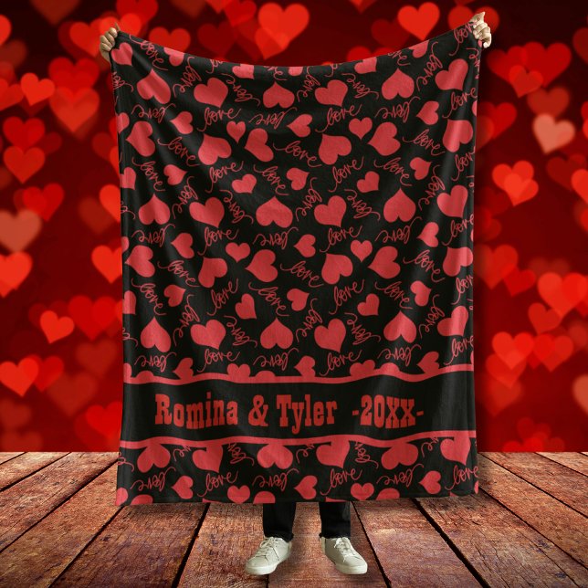 Romantic Black and Red Heart Mönster Fleecefilt (Romantic Black and Red Heart Pattern Fleece Blanket)