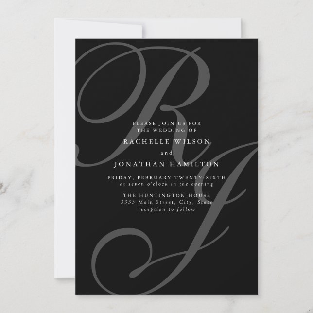 Romantic Black and White Monogram Bröllop Inbjudningar (Framsida)