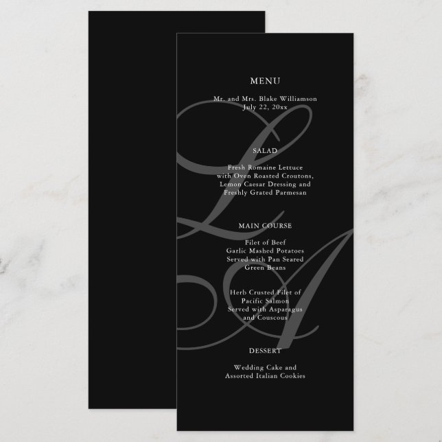 Romantic Black and White Monogram Bröllop Menu Meny (Fram/baksida)