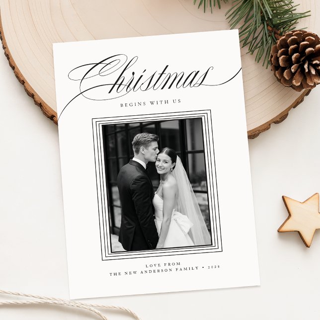 Romantic Black and White Newlywed Photo Christmas Julkort (Skapare uppladdad)