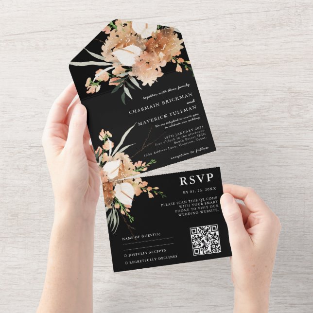 Romantic Black and White QR-kod Bröllop (Avrivbar del)