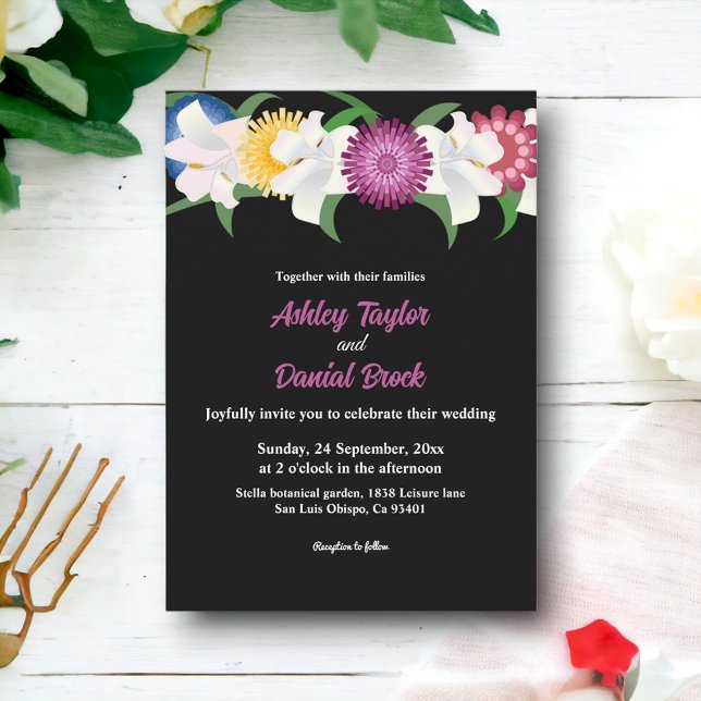 Romantic Black Boho Colorful Ro Blommigt Bröllop Inbjudningar (Skapare uppladdad)