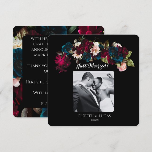 Romantic Black, Burgundy och Teal Blommigt Bröllop Meddelande (Fram/baksida)