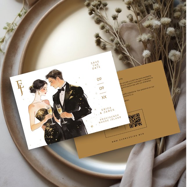 Romantic Black & Gold Couple Wedding Design Spara Datumet (Elegant Black & Gold Couple Illustration Wedding Save the Date Card with QR Code on Back. )