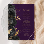 Romantic Black Guld Lila Blommigt Bröllop Meny<br><div class="desc">Den här elegantens moderna bröllop-meny har en gräns av svarta blommor och guld faux foil löv. Anpassa guld-färgad kursiv text på mörkens lila. Baksidan av menyn är solid lila.</div>