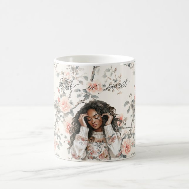 Romantic Black Lady Peach Roses Floral Kaffemugg (Center)