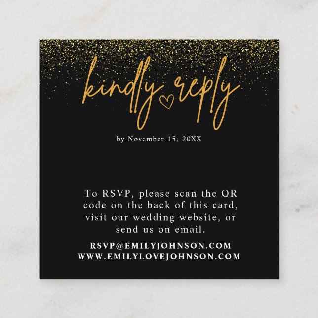 Romantic Black och Guld QR Code Bröllop OSA Tilläggskort (Framsida)