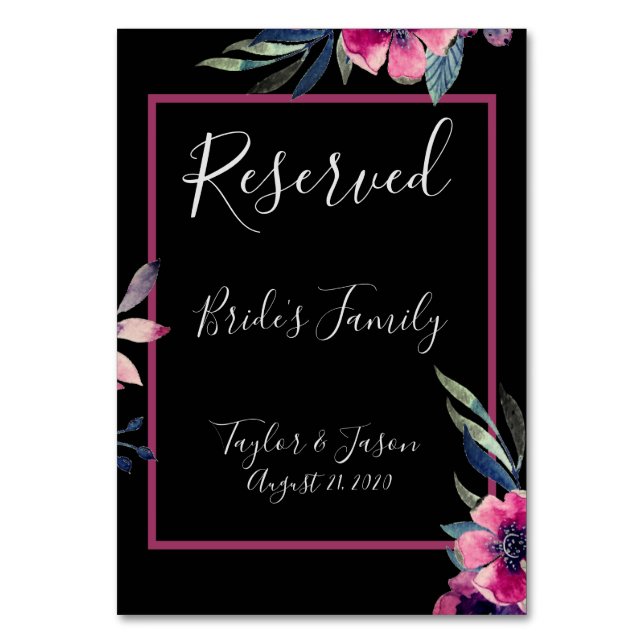 Romantic Black & Rosa Blommigt Script Bröllop Bordsnummer (Framsidan)